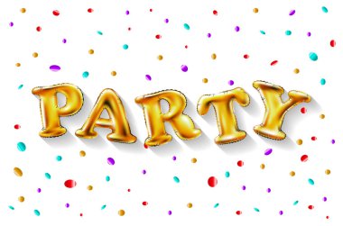 Altın parti balonları arka plan web banner, header, dükkanı için. Logo, logo, işaret, sembol. Altın mektup metin balon, satış, web başlık. Soyut alışveriş, satış, dekor tasarımı. sanat vektör