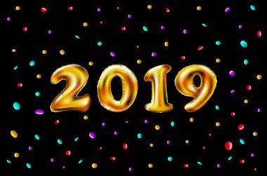 Metalik altın harf balonlar, 2019 mutlu yeni yıl, sayı topu, hava dolu. Yeni yıl için dekorasyon, kutlama, tebrik vektör sanat
