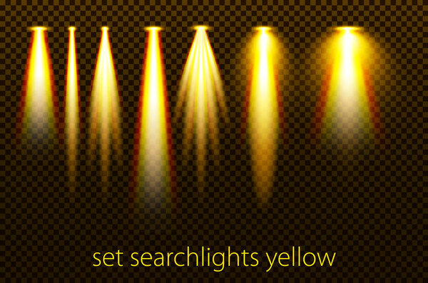 Set of yellow searchlights on a transparent background. Bright lighting with spotlights. vector illustration art