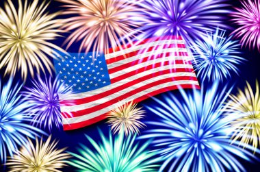 Aerial fireworks display behind a fluttering USA. Flag. 4th of July, Independence Day vector art clipart