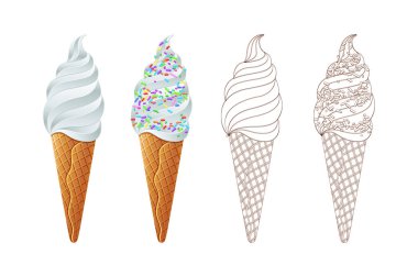 Bir Waffle koni beyaz bir arka plan üzerinde renkli Sprinkles ile dondurma kaşık toz vektör hat sanat