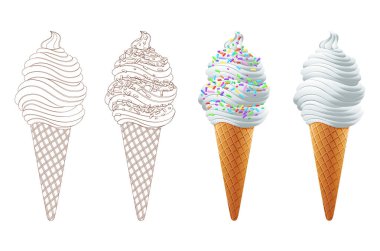Bir Waffle koni beyaz bir arka plan üzerinde renkli Sprinkles ile dondurma kaşık toz vektör hat sanat