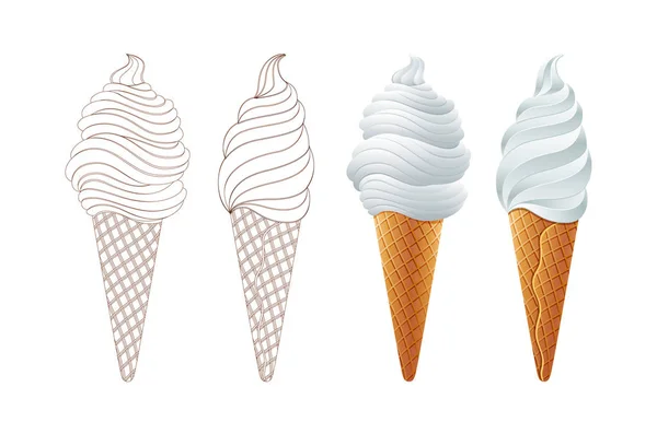 白い背景に隔離されたワッフルの中のさまざまな種類のアイスクリーム — ストックベクタ