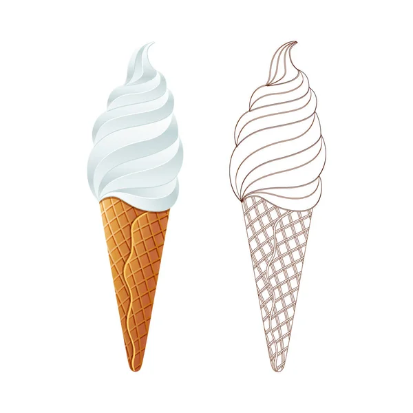 おいしいバニラ ワッフル カップのアイスクリーム バニラのアイスクリームはおいしい ベクトル ストック画像 ライン アイコン アート — ストックベクタ
