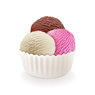 Çikolata, vanilya ve çilek donmuş yoğurt veya yumuşak üç top dondurma, Beyaz şeffaf arka plan vektör art Tarih izole boş kağıt bardak süt