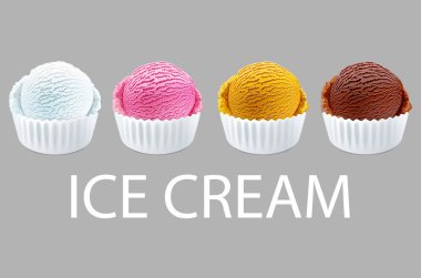 dondurma kaşık toz beyaz bardak çikolata, çilek, Fransız Vanilya, portakal lezzet arka plan vektör art Tarih izole