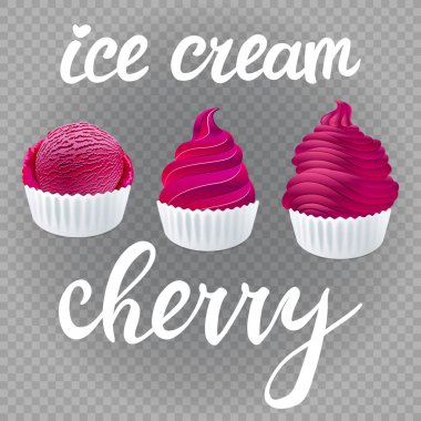 vektör Bordo buz ayarla krem kaşık toz poster krem taze Dondurulmuş vişne ile buzlu şeker saydam arka plan sanat üzerinde izole