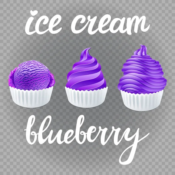 ベクトル ブルー バイオレット セットのアイス クリーム スクープ クリーム新鮮な冷凍ブルーベリー アイス キャンデーが透明な背景アートに分離とポスター デザイン — ストックベクタ