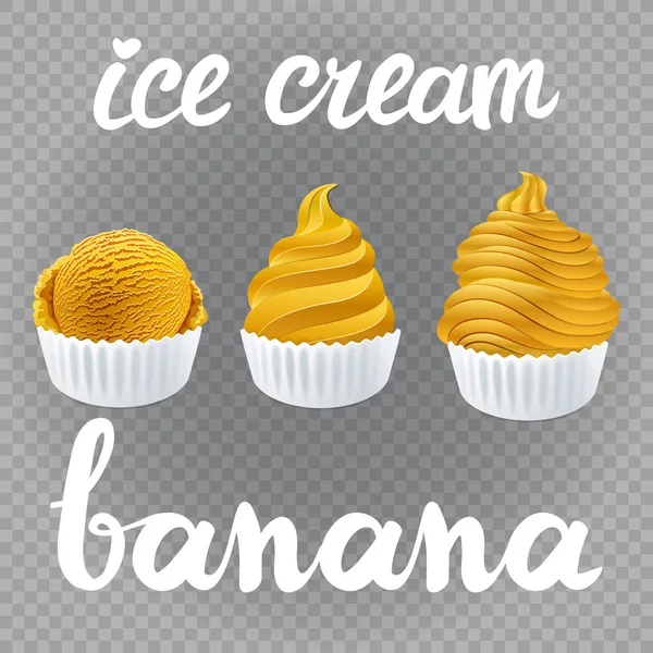 Векторний Жовтий Набір Морозива Плакатний Дизайн Кремом Свіжий Заморожений Банановий — стоковий вектор