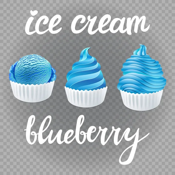 Векторно-голубой Набор шариков для мороженого дизайн плаката с кремом Свежий замороженный черничный фруктовый мороженое изолированы на прозрачном фоне — стоковый вектор