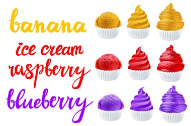 muz, ahududu, yaban mersini dondurma vektör dizi sarı, kırmızı, mor ile bir fincan el yapımı metin sanat yazı şeffaf arka plan üzerinde farklı şekiller