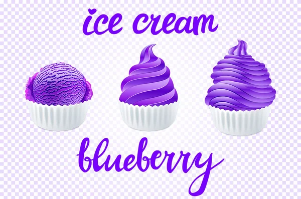 Векторное Набор Фиолетового Мороженого Блюрарием Фиолетовых Разных Форм Чашке Прозрачном — стоковый вектор