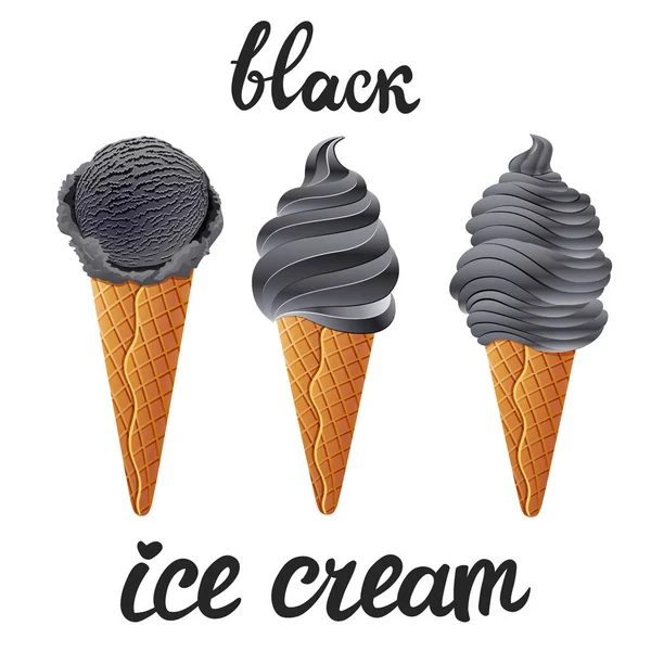 Vector Set Black Ice Cream Dark Different Shapes Cup Transparent — Stock Vector
