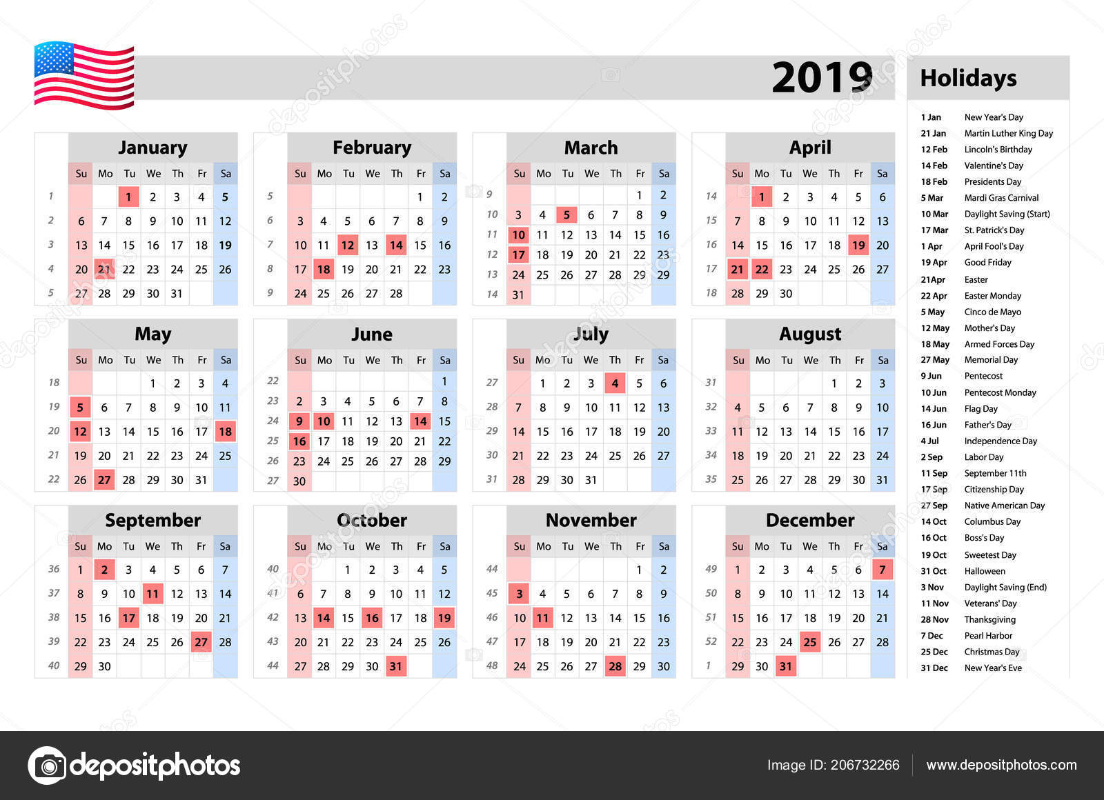 vector simple calendar 2019 one year glance starts monday public