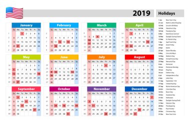resmi tatil günleri için ABD takvim 2019 vektör. Renkli küme. Hafta Pazar günü başlar. Temel kılavuz sanat