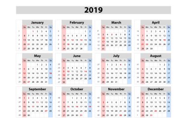 Pazar, iş şablon sanat vektör takvim 2019, hafta başlıyor