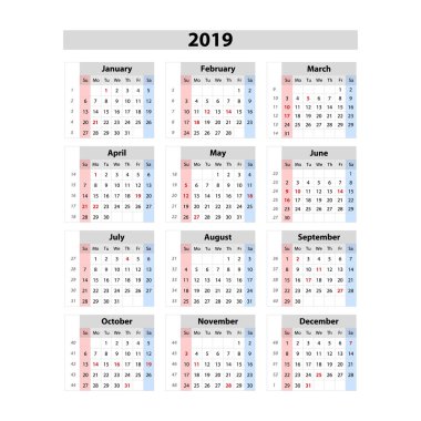 Pazar, iş şablon sanat vektör takvim 2019, hafta başlıyor