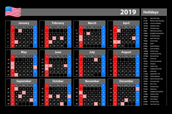 Vector Negro Calendario Simple 2019 Año Vistazo Comienza Lunes Con — Vector de stock
