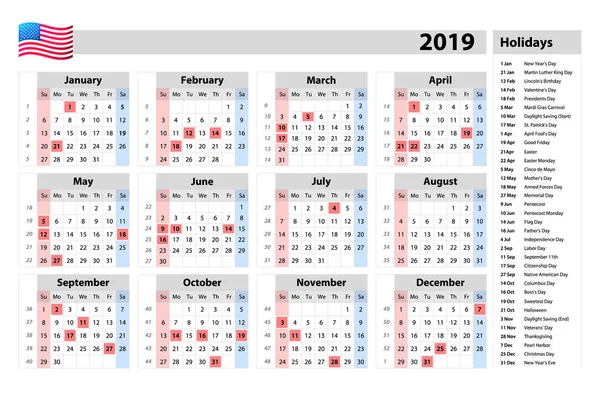 Wektor Prosty Kalendarz Roku 2019 Jeden Skrócie Rozpoczyna Się Poniedziałek — Wektor stockowy
