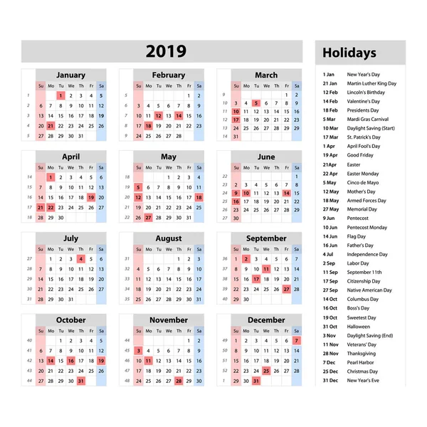 Der Kalender 2019 Ein Jahr Auf Einen Blick Beginnt Montag — Stockvektor