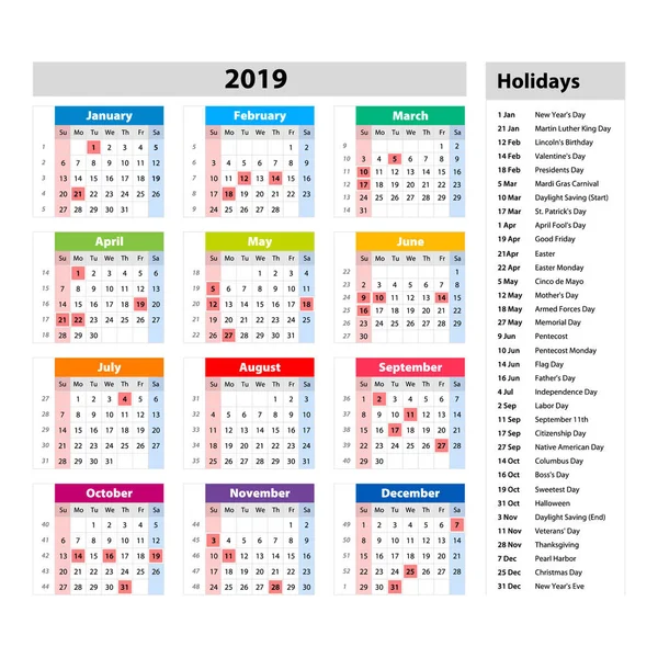 vector public holidays for the USA Calendar 2019. Colorful set. Week