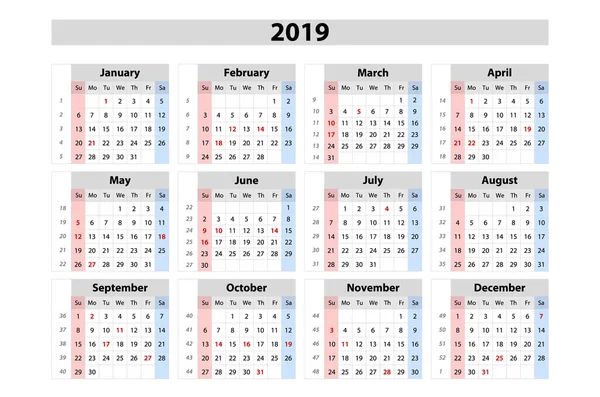 Vector Calendar 2019 Semana Começa Partir Domingo Business Template Art — Vetor de Stock