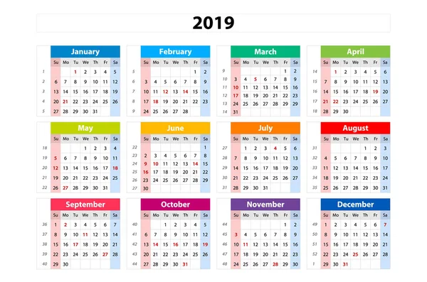 Calendario Vectorial 2019 Semana Comienza Desde Domingo Arte Plantilla Negocios — Vector de stock