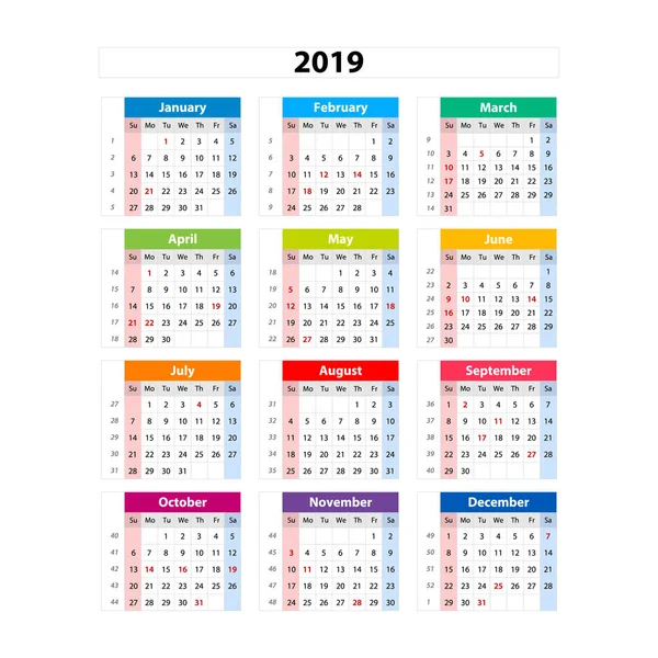 Calendario Vectorial 2019 Semana Comienza Desde Domingo Arte Plantilla Negocios — Vector de stock