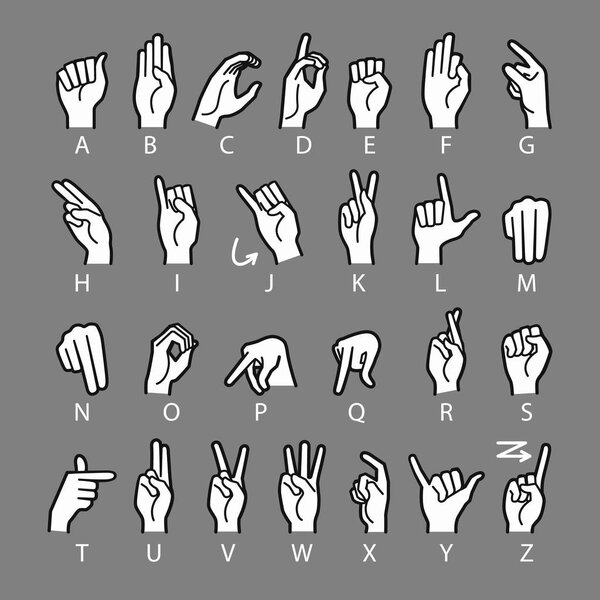 Hand Drawn Sketch of Finger Spelling The Alphabet in American Sign Language Isolated on grey Background.