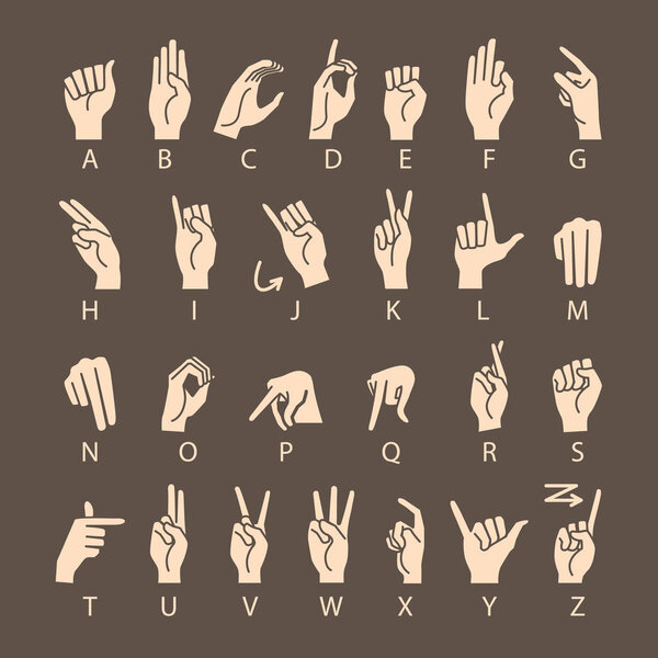 Hand Drawn Sketch of Finger Spelling The Alphabet in American Sign Language Isolated on brown Background. art