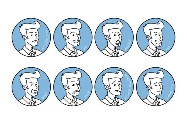 elle çizilmiş stil vektör doodle tasarım çizimler çizgi karikatür tarzı. Erkek yüz duygular kümesi. Sakallı adam emoji karakter farklı ifadeleri ile. Sanat