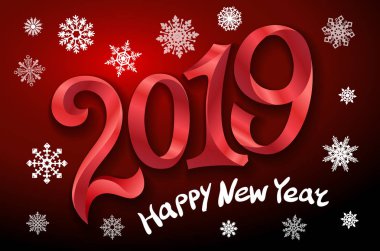 Mutlu yeni yıl 2019. Tebrik kartı. iki bin on dokuz. teyp koyu arka plan üzerinde kırmızı numarası. kar taneleri vektör çizim sanat