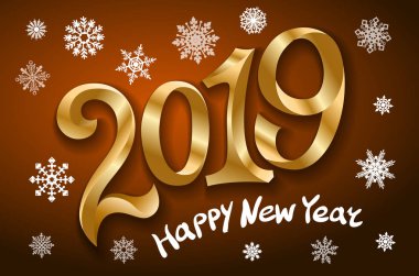 Mutlu yeni yıl 2019. Tebrik kartı. iki bin on dokuz. turuncu zemin üzerine altın teyp numarası. kar taneleri vektör çizim sanat
