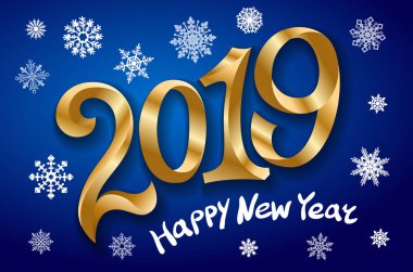 Mutlu yeni yıl 2019. Tebrik kartı. iki bin on dokuz. mavi zemin üzerine altın teyp numarası. kar taneleri vektör çizim sanat
