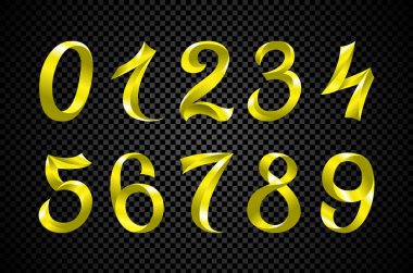 3D altın sarısı metalik mektup. Yüzde, 0, 1, 2, 3, 4, 5, 6, 7, 8, 9 sayısal alfabe. Numarası izole vektör.