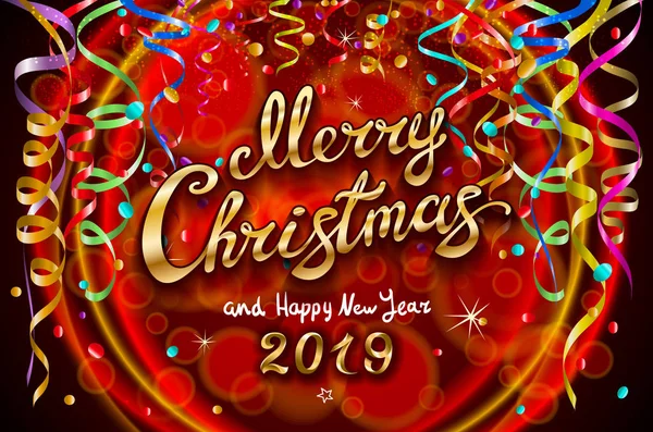 Цветные праздничные иллюстрации для праздничных вечеринок и украшения красного фона - золотой Веселого Рождества и счастливого Нового 2019 года . — стоковый вектор