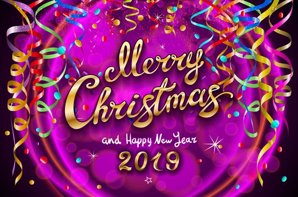 Vektor lila bunte festliche Illustration für festliche Party und Dekoration rosa Hintergrund - goldene frohe Weihnachten und ein glückliches neues Jahr 2019 Gold. — Stockvektor