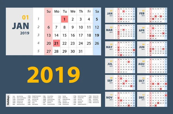 Vector 2019 Calendario Año Nuevo Tabla Mínima Limpia Estilo Simple — Vector de stock