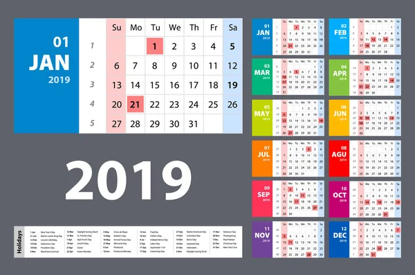 Vector Calendario 2019 Conjunto Colorido Semana Comienza Domingo Arte — Vector de stock
