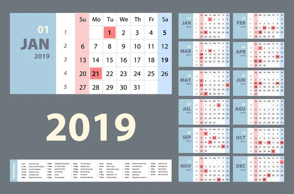 Vector Calendario 2019 Conjunto Azul Semana Comienza Domingo Arte Rejilla — Archivo Imágenes Vectoriales