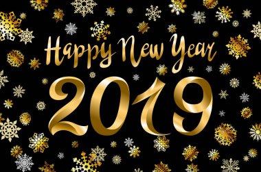 Kar taneleri zemin üzerine altın kar 2019 mutlu yeni yıl. resimde şişme altın numaraları arka plan sanat vektör