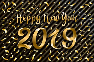 mutlu yeni yıl 2019 altın ve siyah collors yer için metin gösterimi vektör. Siyah taş duvar yeni yıl sanat arka plan üzerine şişme altın numaraları