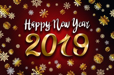 Kar taneleri zemin üzerine altın kar 2019 mutlu yeni yıl. illüstrasyon kırmızı zemin üzerine altın numaraları şişme vektör