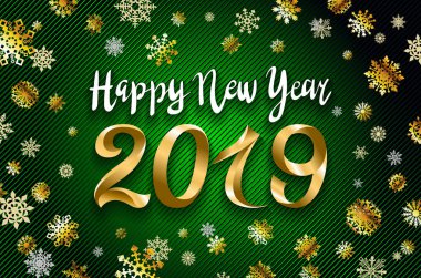 Kar taneleri zemin üzerine altın kar 2019 mutlu yeni yıl. resimde yeşil zemin üzerine altın numaraları şişme vektör