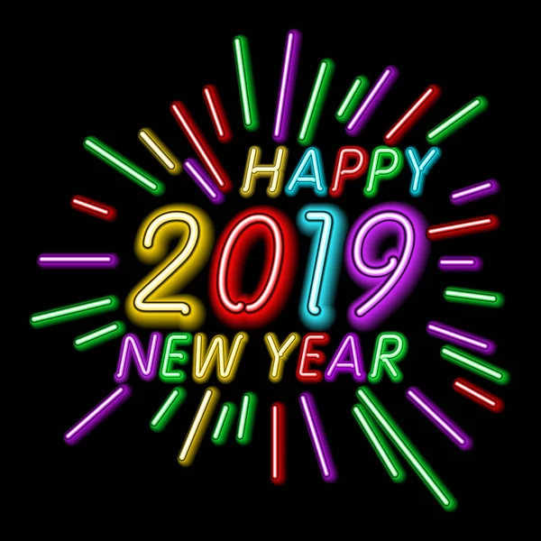 Vector Illustration. 2019 Happy New Year Neon Text. template for Seasonal Flyers and Greetings Card or Christmas themed invitations. Light Banner. Editing text neon sign art