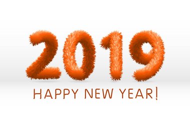 yünlü Turuncu tüylü tüylü yün 2019 Happy New Year. Beyaz arka plan. Vektör çizim
