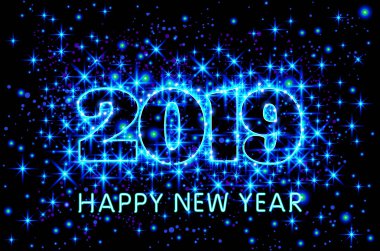 Neon mavi tipografi mutlu yeni yıl 2019 yıldızlı gökyüzü arka plan illüstrasyon sanat vektör