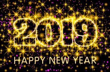 yıldızlı gökyüzü arka plan illüstrasyon sanat altın vektör neon sarı tipografi mutlu yeni yıl 2019