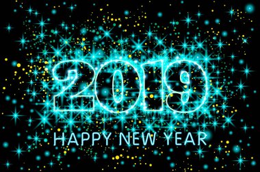 Neon mavi tipografi mutlu yeni yıl 2019 yıldızlı gökyüzü arka plan illüstrasyon sanat vektör