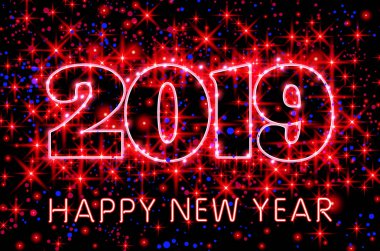 Neon kırmızı tipografi mutlu yeni yıl 2019 yıldızlı gökyüzü mor arka plan illüstrasyon sanat vektör